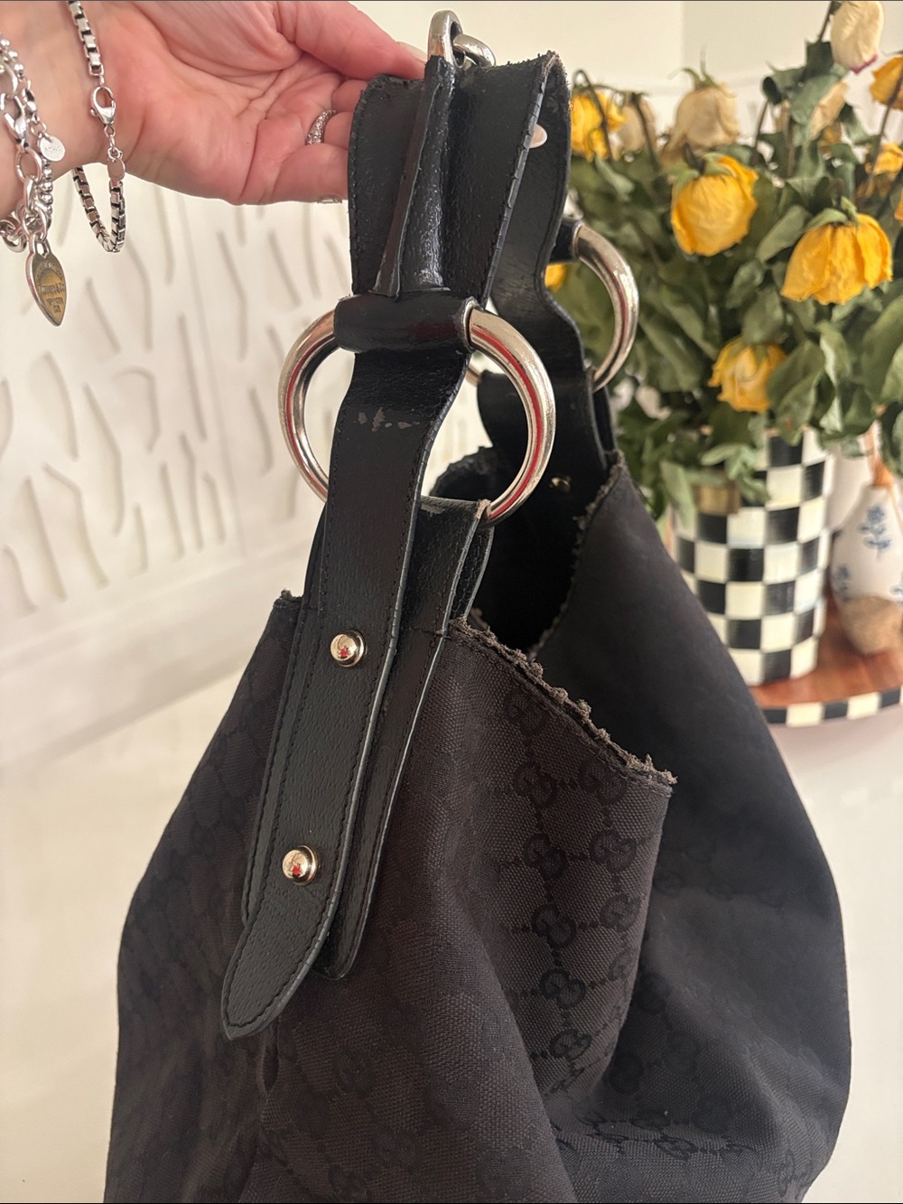Authentic Gucci Black Canvas Horsebit Ring Hobo Shoulder Bag (Large) - Picture 3 of 12